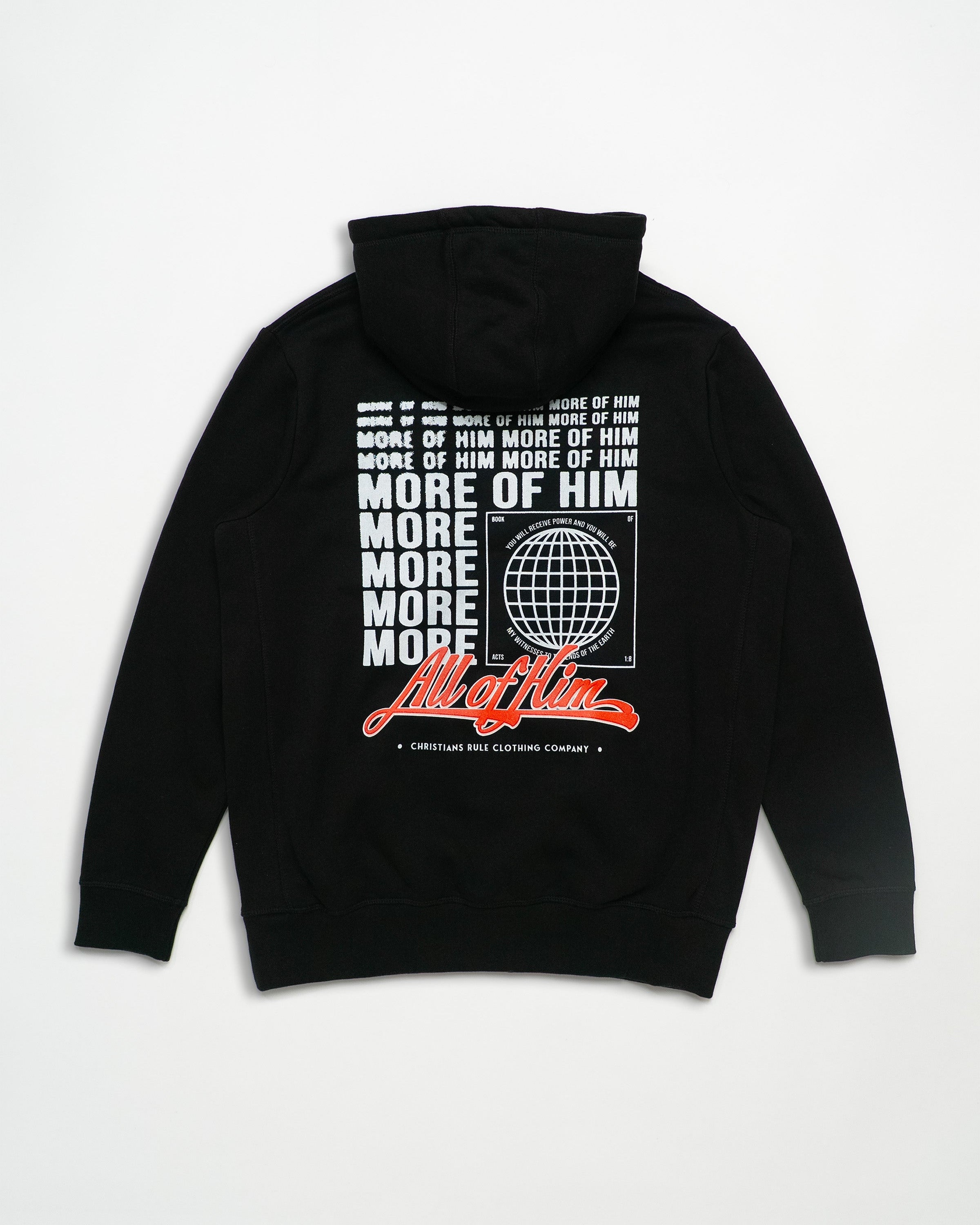 Black Christian hoodie with stylized 'All of Him' script graphic design against a white background.