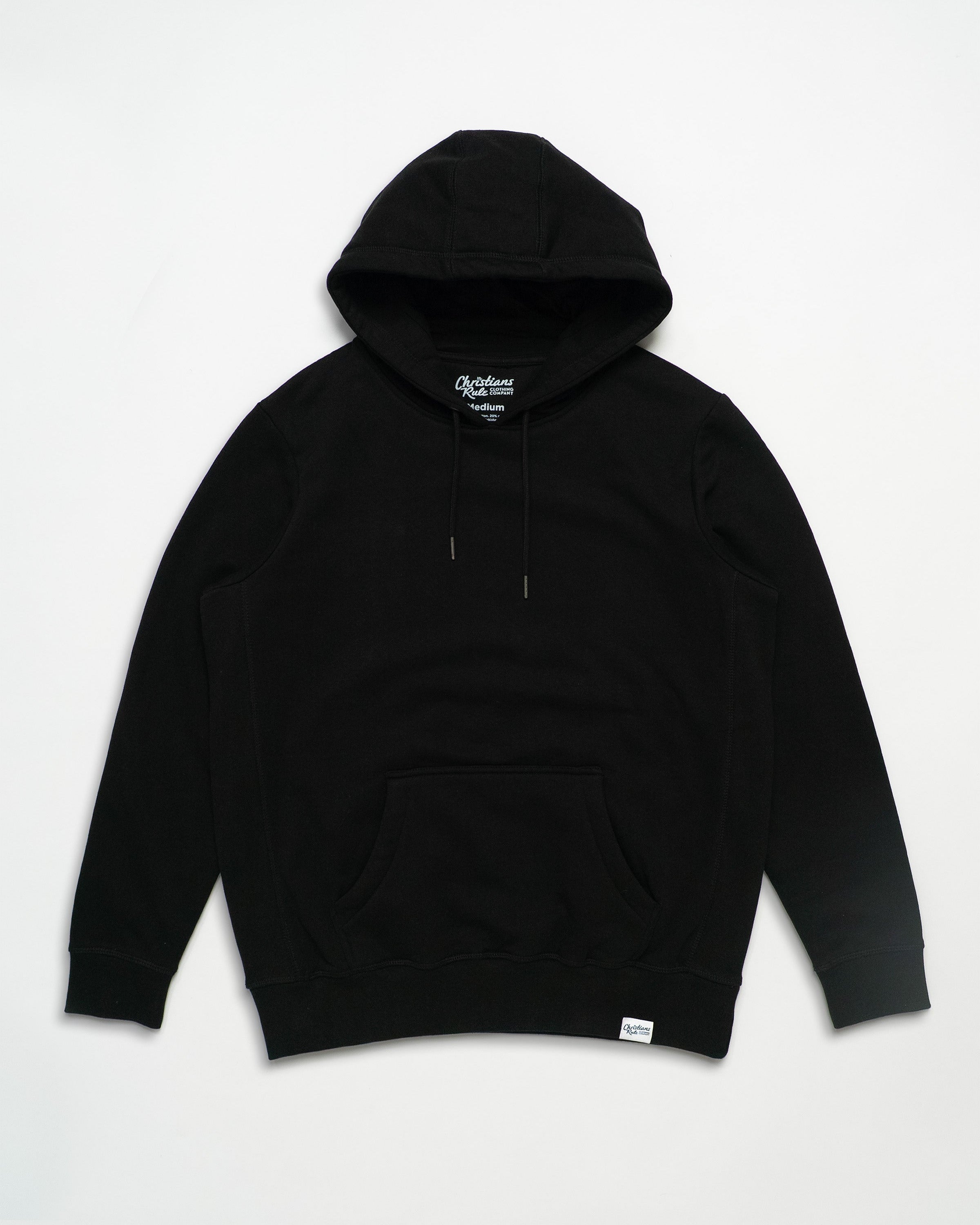 Black hoodie with brand logo against a white background.