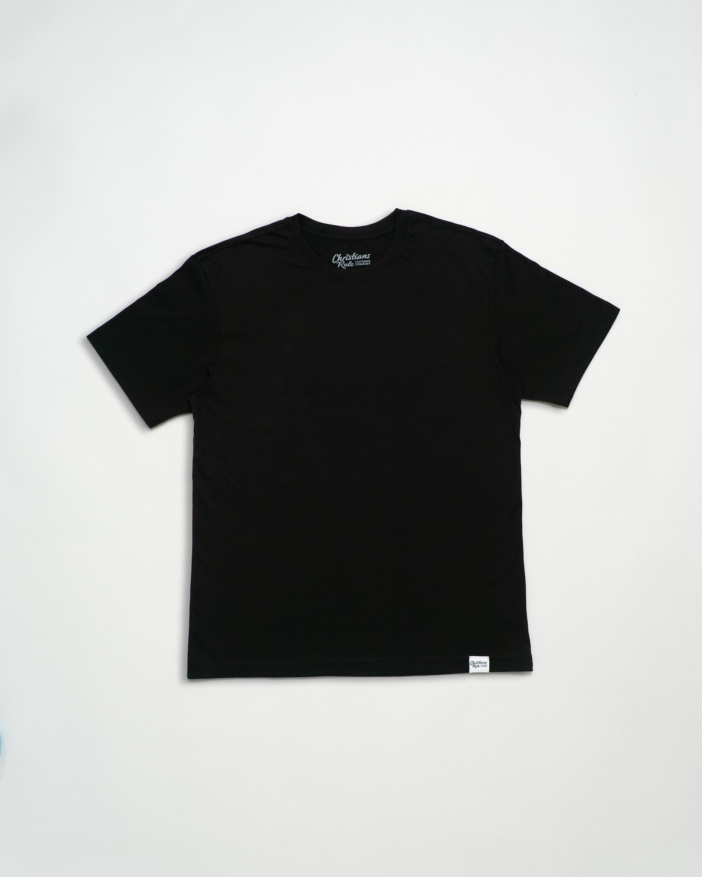 Black Christian t-shirt with a brand logo on a white background