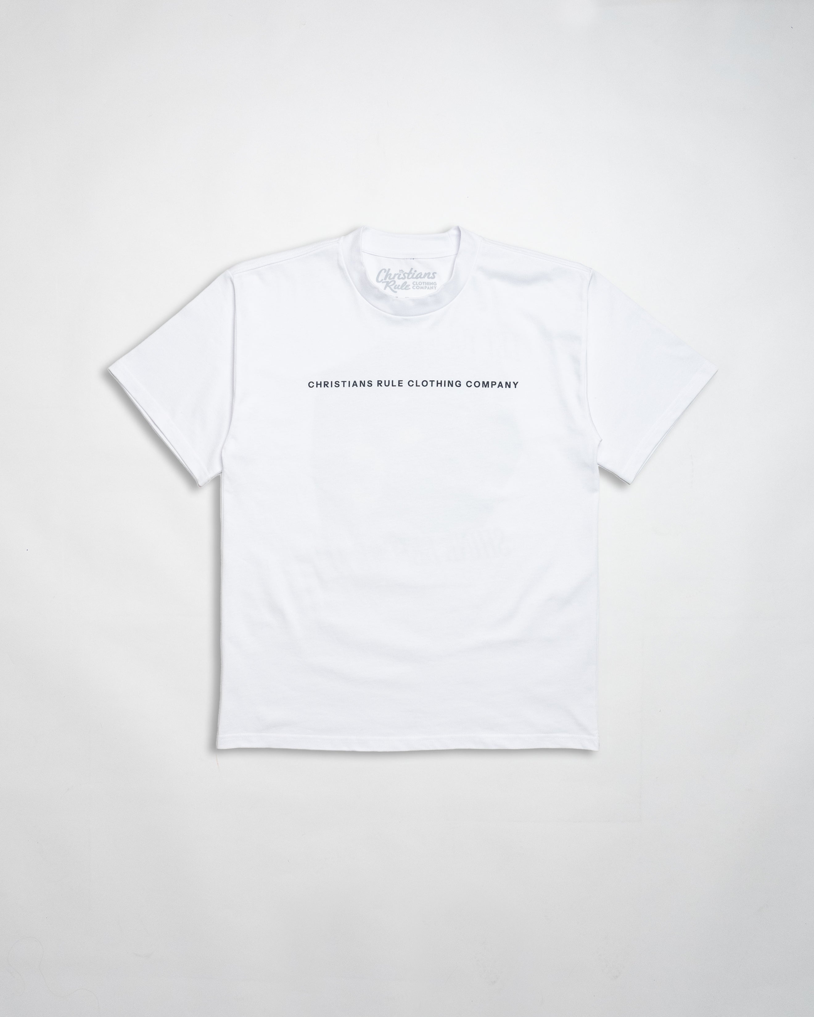 White heavyweight Christian t-shirt with black text that says 'Christians Rule Clothing Company', against a white background.