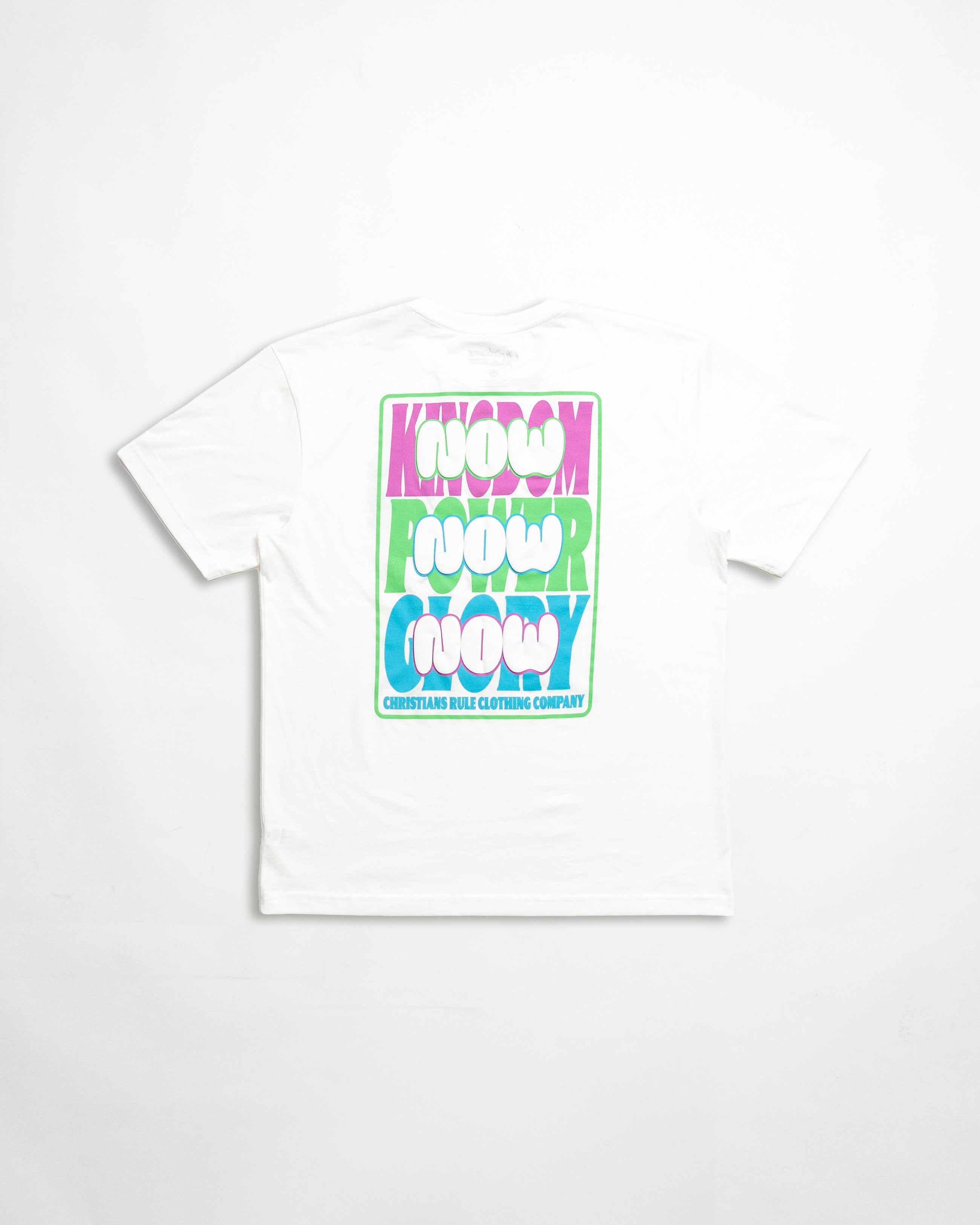 White Christian t-shirt with colorful graphic text design against a white background.