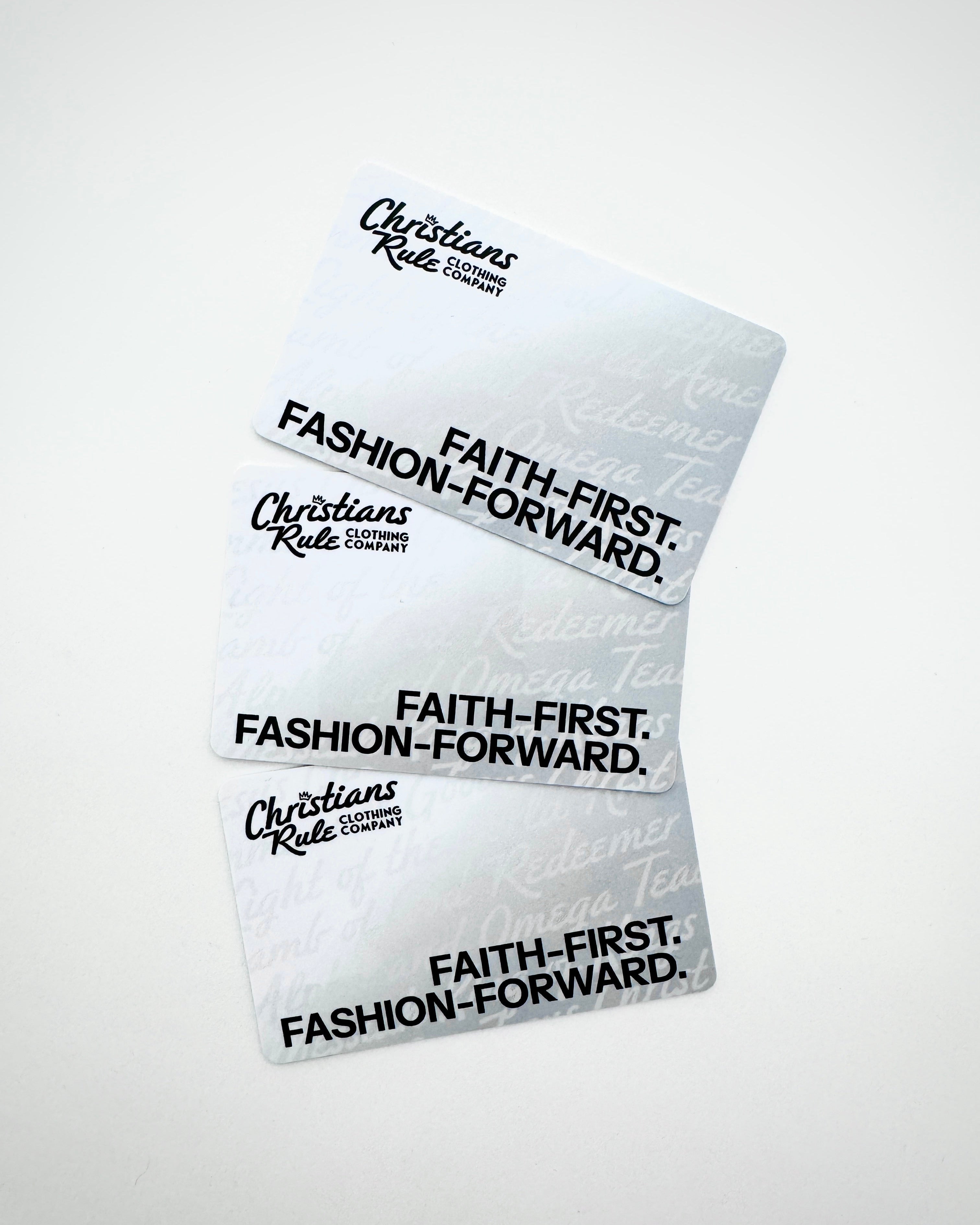 Three gift cards with 'Christians Rule Clothing Company' branding against a white background.