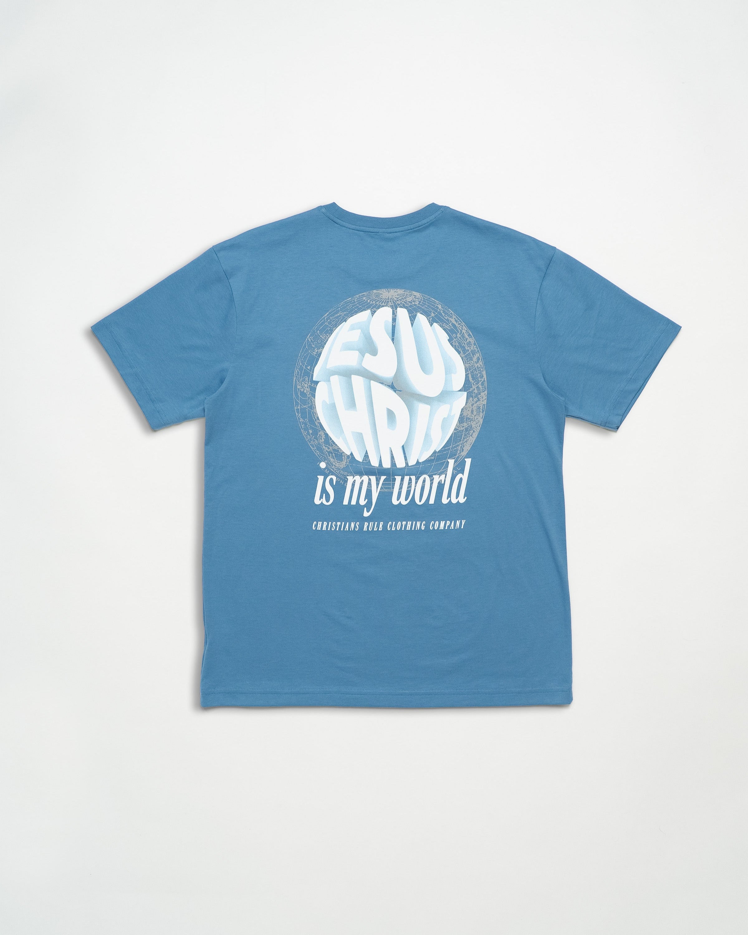 Blue Christian t-shirt with a meridian graphic design and bold text saying "Jesus Christ is my world" and "Christians Rule Clothing Company".