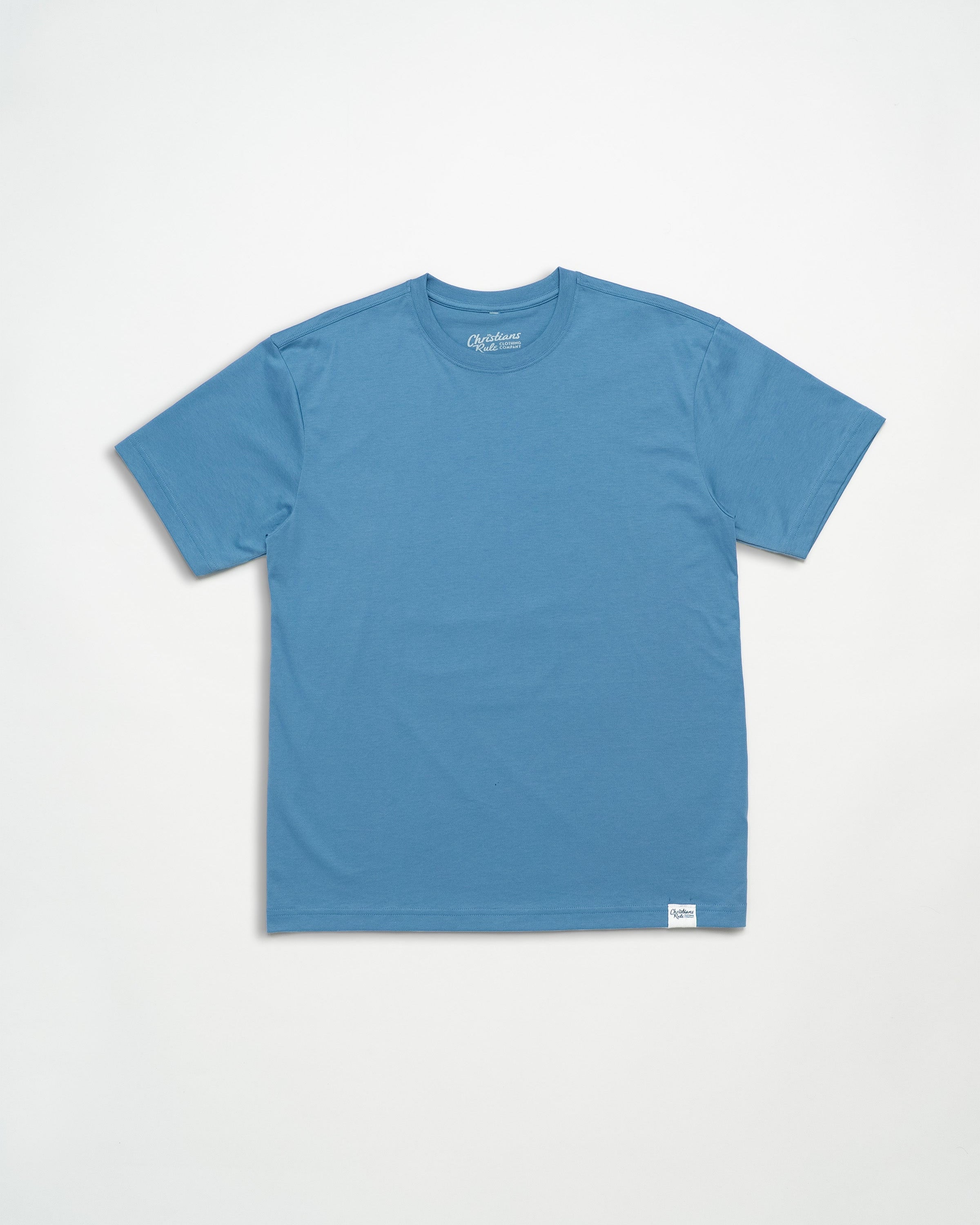 Blue t-shirt with brand logo against a white background.