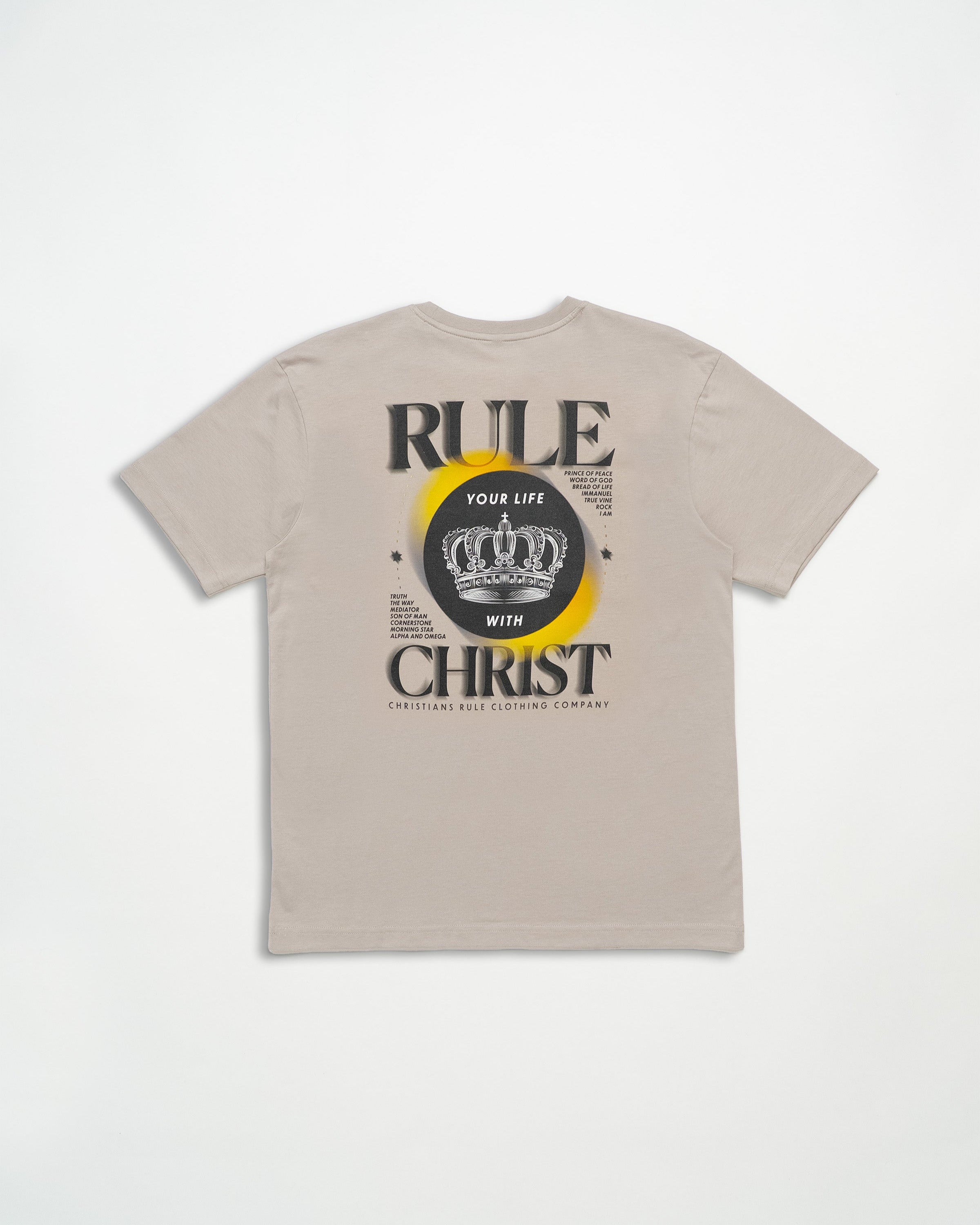 Gray Christian t-shirt with "Rule Your Life with Christ" graphic against a white background.