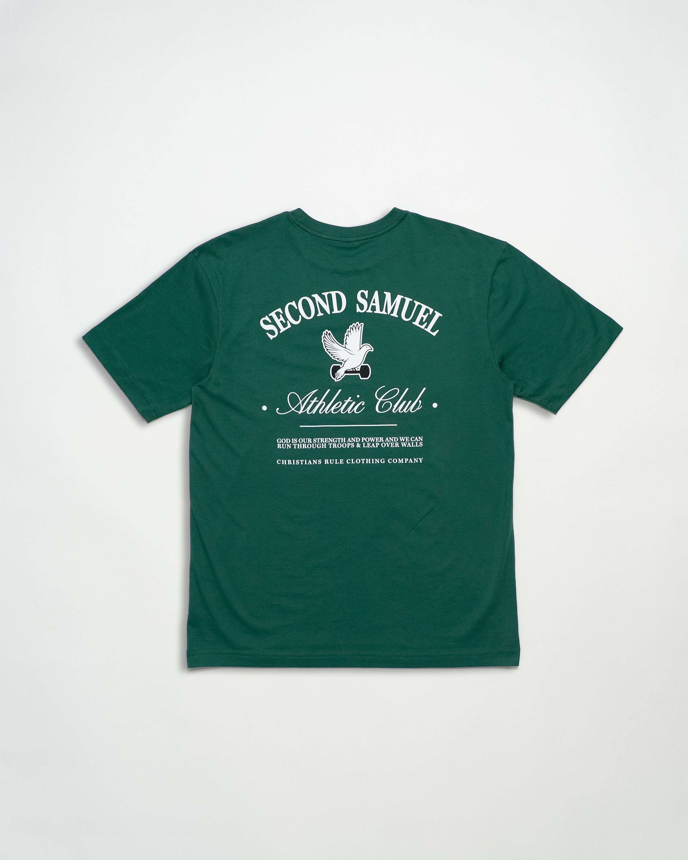 Green Christian t-shirt with 'Second Samuel Athletic Club' text and graphic of dove holding a dumbbell against a white background.