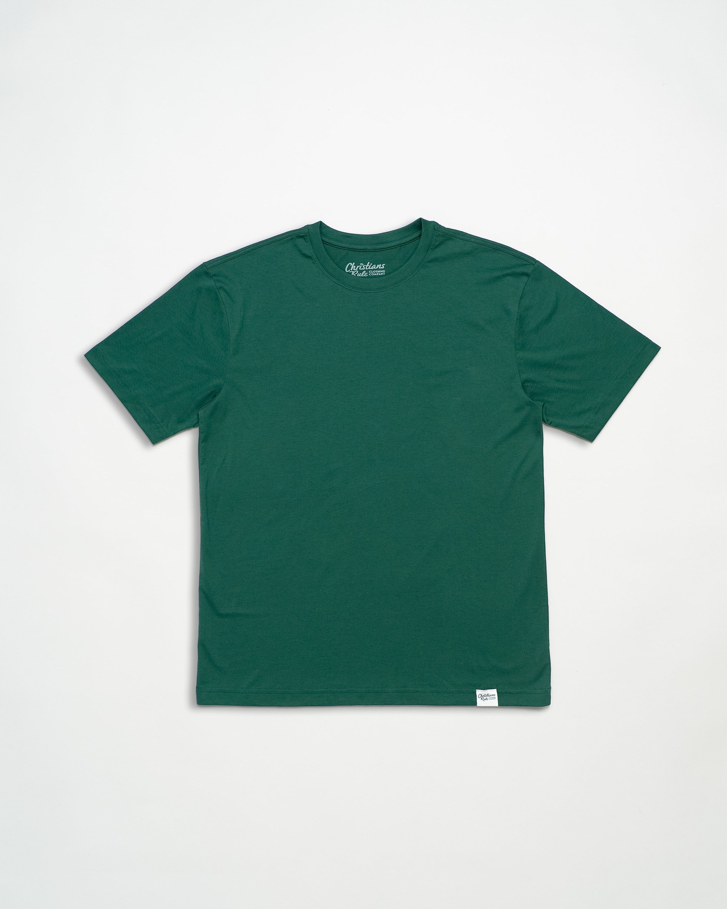 Green t-shirt with brand logo against a white background.
