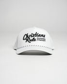 White Christian golf rope cap with black 'Christians Rule Clothing Company' embroidered text, against a white background.