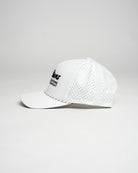 Side view of white Christian golf rope cap with embroidered text.