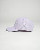 Side view of a light purple Christian golf rope cap with white embroidered text.